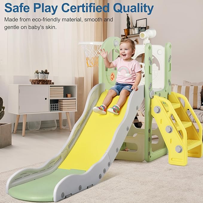 6 in 1 Toddler Playset Toddler Slide and Climber Playset, L-Shaped Kids Slide with Basketball Hoop, Telescope & Storage, Sturdy Indoor Outdoor Playground, for Boys Girls 1-3+