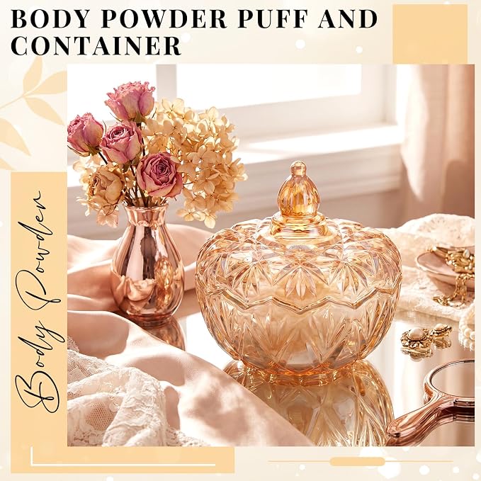 Tioncy 2 Pcs Extra Large Dusting Powder Puff and Container for Women-6'' Glass Crystal Dusting Powder Container with Body Soft Washable Reusable Velour Face (Amber,Pumpkin)