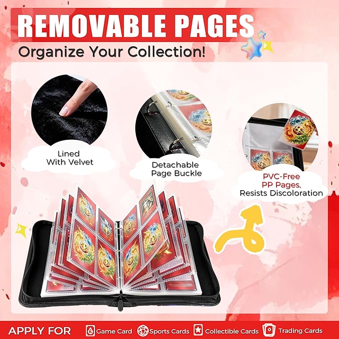 4 Pocket Trading Card Binder with 50 Removable Pages, Holds 400 Standard Cards, Secure Zipper Closure & PU Leather Cover for Collectible Games, Sports,TCG