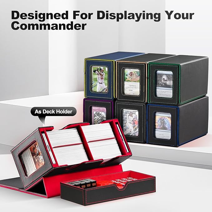 UAONO Card Deck Box for MTG, Double Storage Box with 2 Commander Display & 1 Dice Tray, Fits 200+ Double Sleeved, Organizer for CCG TCG Sports(Black Gray)