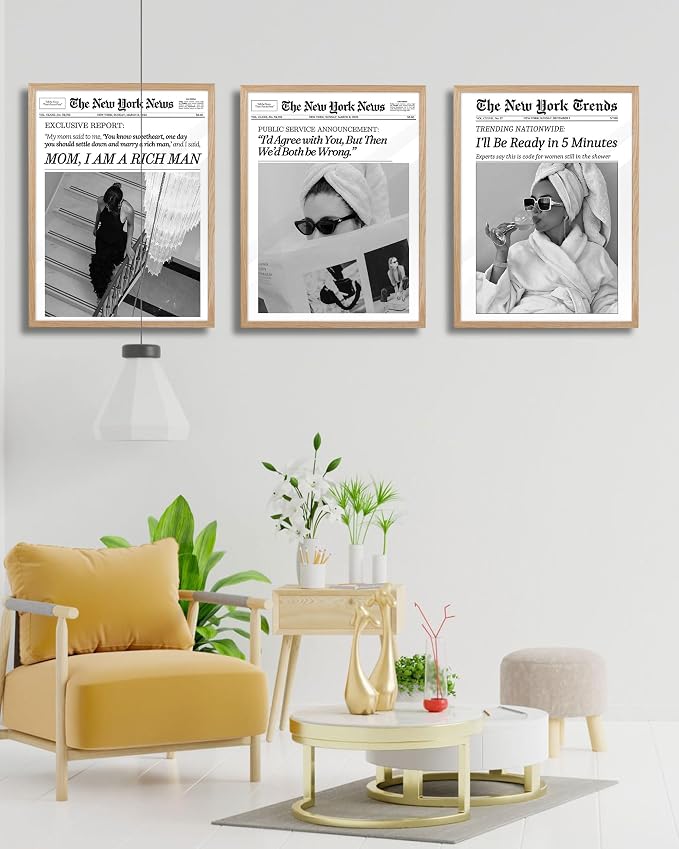 EcoHest 16x20 in I'll Be Ready in 5 Minutes Newspaper Framed Wall Art | Solid Oak Wood Frame with Canvas Wall Art, Feminist Newspaper Wall Decor for Bathroom, Bedroom, Apartment, Dorm Room, 1Pack