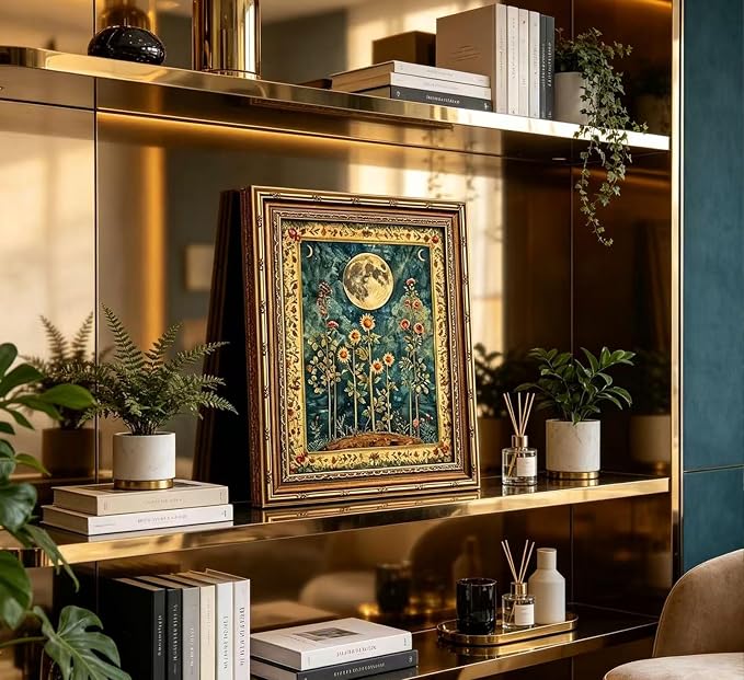 Vintage Gold Framed Celestial Moon Wall Art,Tarot Crescent Moon Painting Canvas Print,Gothic Moody Wildflowers Wall Decor,Dark Academia Vibe Poster Artwork,for Living Room Bedroom Bathroom