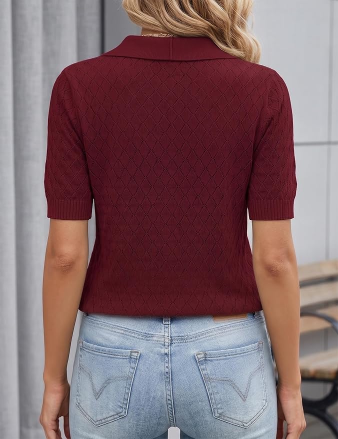 Rapbin Womens Short Sleeve Knit Polo Shirts Summer Spring Sweater Tops | Classic V Neck Collared Shirts Lightweight Business Casual Basic Fashion Pullover Polo Sweater for Work Formal Daily Wear