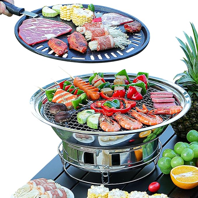 Korean BBQ Grill Charcoal 13.7 Inches Stainless Steel Portable Barbecue Grill and 4 PCS Korean BBQ Tongs