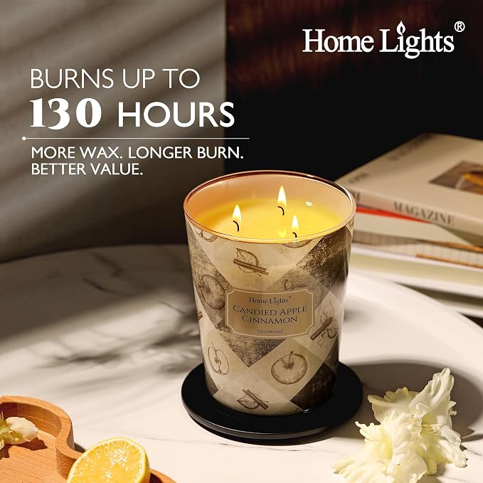 HomeLights 3-Wick Candles for Home Scented - 34oz Soy Wax Blend Candle Long-Lasting Fragrance, Rustic Modern Home Decor and Housewarming Gifts, Candied Apple Cinnamon