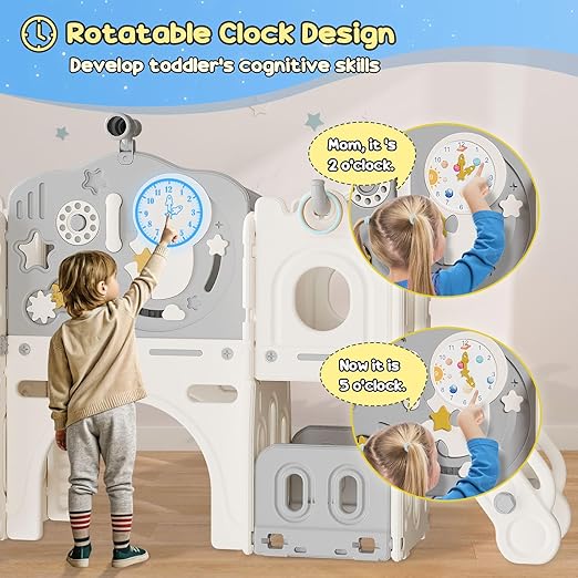 BIERUM 12 in 1 Toddler Slide, Astronaut Themed Baby Slide for Toddlers Aged 1-3, with Astronaut, Moon, Cloud, Star, Phone Call Design, Basketball Hoop and Ring Toss, Toddler Playset Beige Gray
