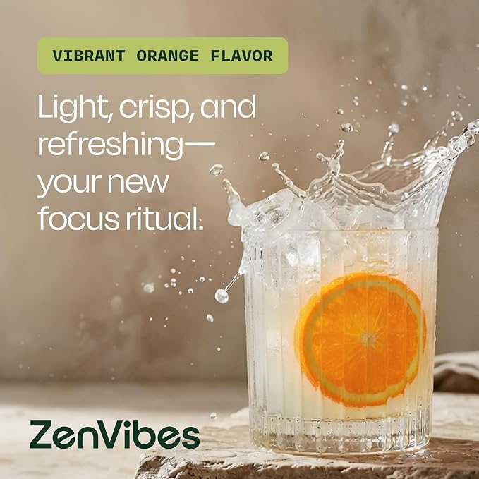 Zen Vibes Magnesium L-Theanine Drink Mix – Orange Calm & Focus Nootropic with Alpha GPC, L-Taurine & Vitamin D3 – Sugar-Free Relaxation Stick Packs, Non-GMO, 20 Servings