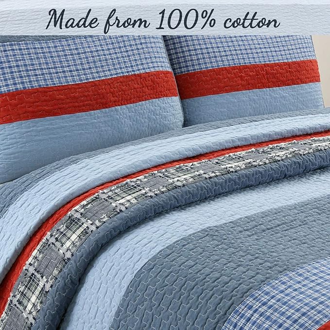 Cozy Line Home Fashions Sailor Navy Striped 100% Cotton Reversible Bedding Quilt Set, Coverlet Bedspread for Boys Kids (Navy/Red, Queen - 3 Piece)