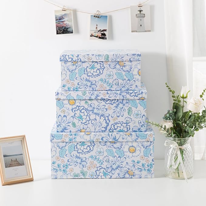 Soul & Lane - Sky Meadow Decorative Storage Boxes with Lids, Set of 3 | Floral Paperboard Nesting Containers for Keepsakes, Memories and Photos, Large Gift Set Boxes for Presents and Decor