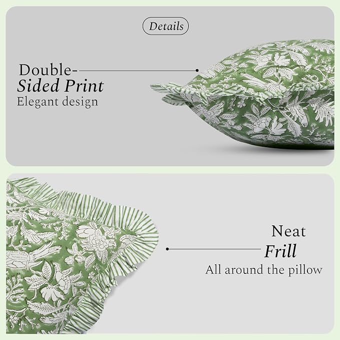 CPC Olive Green Ruffle Throw Pillow Covers for Couch, 18x18 Inch Cotton Stripe Ruffle Couch Pillows for Living Room, Hidden 14 Inch Zipper Boho Pillow Case or Cute Outdoor Pillows