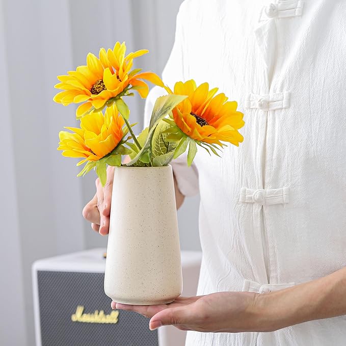 Simple Boho Ceramic Flower Vase for Home Decor (Beige,Small) | 6'' Modern Neutral Vase for Flower Plant Pampas Grass, Fit for Table Shelf Centerpieces, Living Room Kitchen Wedding Gift