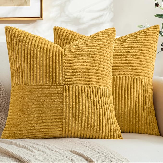 MIULEE Mustard Yellow Decorative Euro Sham Pillow Covers 24x24 Inch 2 Pack | Boho Farmhouse Pillow Covers, Soft Cross Corduroy Patchwork Textured Cushion Cases For Couch Bed Sofa