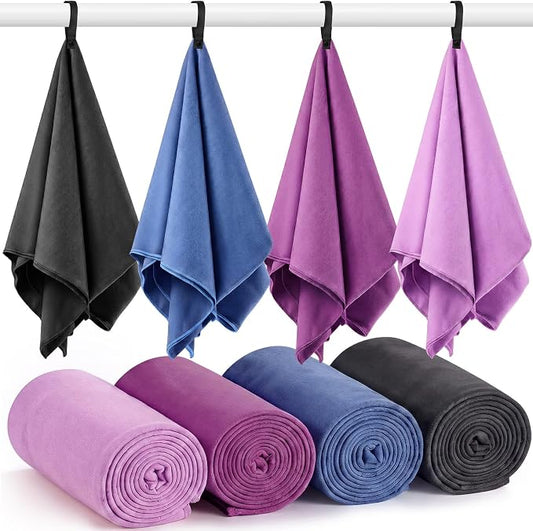Mixweer 4 Pack Gym Microfiber Bath Towels 63"x32" Extra Large Shower Towel Lightweight Oversized Fast Drying Bathtowel for Gym Sports Travel Camping(Dark Gray, Pinkish Purple, Bluish Gray, Purple)