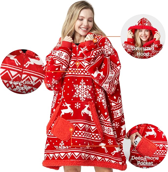 Giggling Getup Wearable Blanket Hoodie for Adults Gifts for Teen Girls Sister Women Sherpa Fleece Printed Hooded Blanket Sweatshirt Warm Cozy with Pocket & Sleeves Red Christmas Reindeer
