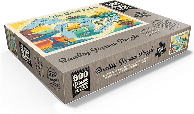 MyPuzzle The Great Lakes Illustrated Map and Landmarks - Premium 500 Piece Jigsaw Puzzle for Adults