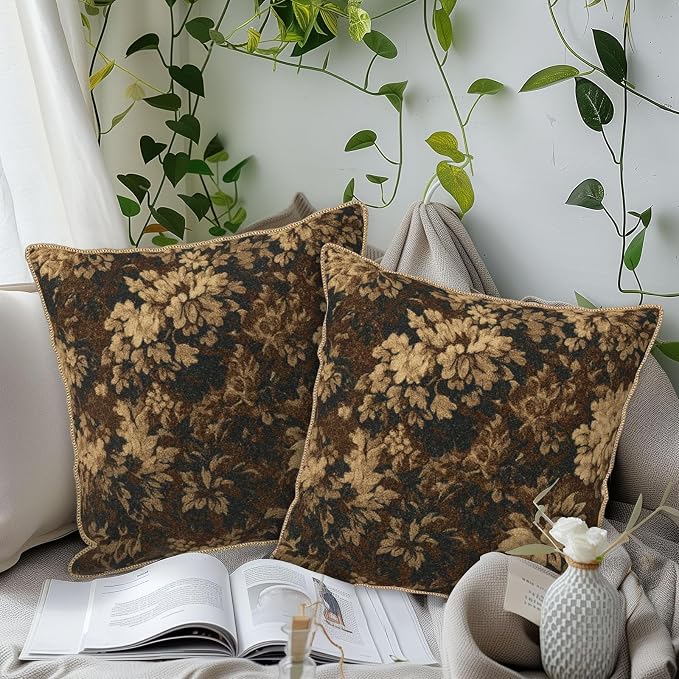 Neutral Flowers Dark Brown Soft Velvet Throw Pillow Covers Set of 2 Boho Vintage Abstract Floral Decorative Pillow Covers 16x16 Inch Retro Bohemian Pillow Case For Sofa Couch Farmhouse Home Decor