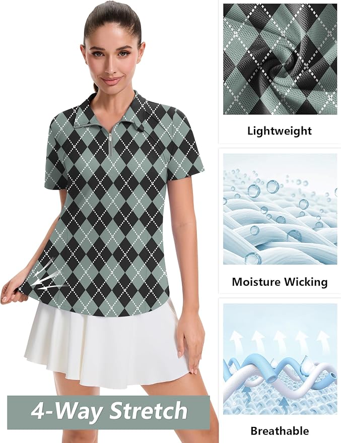 LOMON Womens Golf Polo Shirt Summer Short Sleeve Quarter Zip Outfit | Side-Pockets,Princess Seams,Cotton,Wrinkle Free,Moisture Wicking,Quick-Dry,Lightweight,Collared,for Tennis Workout