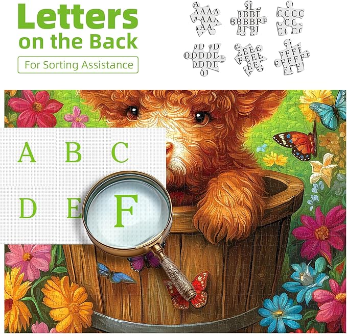 500-Piece Jigsaw Puzzle - Cute Highland Cow with Butterfly & Flower Design - Unique Challenging Family Puzzle, 20x20 Inches - Ideal Gift for Adults & Puzzle Enthusiasts