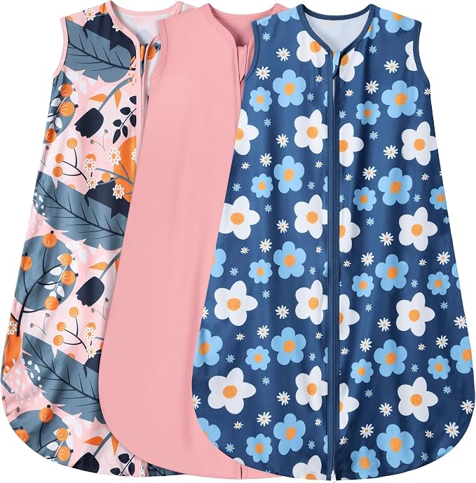 BSTOPPT 3 Pack Baby Sleep Sack 100% Rayon Cotton Baby Sleeping Bag 2-Way Zipper Toddler Wearable Blankets TOG 0.3. (Gerbera&Tulips&Pink, 18-24 Months)