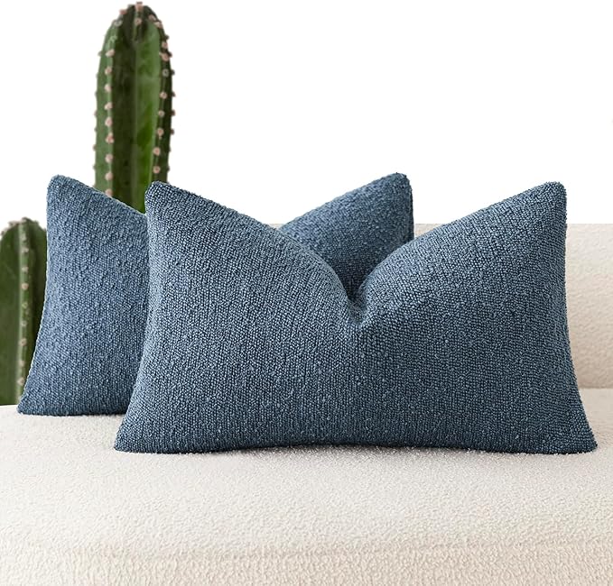 Foindtower Pack of 2 Textured Boucle Throw Pillow Covers Accent Solid Decorative Lumbar Pillow Cases Cozy Couch Cushion Case for Chair Sofa Bedroom Living Room Home Decor 12x20 Inch Dark Blue