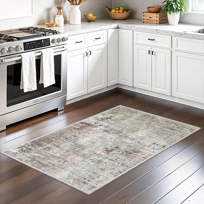 Soalmost 2x3 Abstract Washable Rugs for Kitchen, Small Area Rug Pink/Grey | Non-Slip Vintage Low Pile Throw Door Mat For Bathroom Entryway Laundry Room, Stain Resistant Indoor Entrance Floor Carpet
