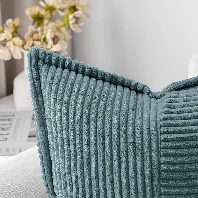 MIULEE Decorative Throw Pillow Covers for Couch 16x16 Inch Dusty Blue | 2 Pack, Boho Broadside Striped Patchwork Pillow Covers, Soft Corduroy Cushion Cases, For Sofa Bed Livingroom Home Decor