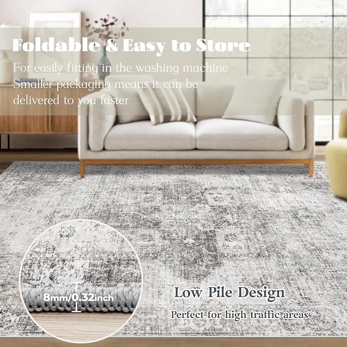 Area Rug 5x7 Washable Rug, Vintage Boho Medallion Rugs Non-Slip Soft Low Pile Large Distressed Rug Indoor Retro Carpet for Living Room Bedroom Dining Room Home Office (Grey, 5'x7')