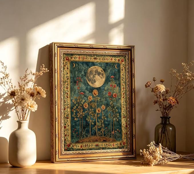 Vintage Gold Framed Celestial Moon Wall Art,Tarot Crescent Moon Painting Canvas Print,Gothic Moody Wildflowers Wall Decor,Dark Academia Vibe Poster Artwork,for Living Room Bedroom Bathroom