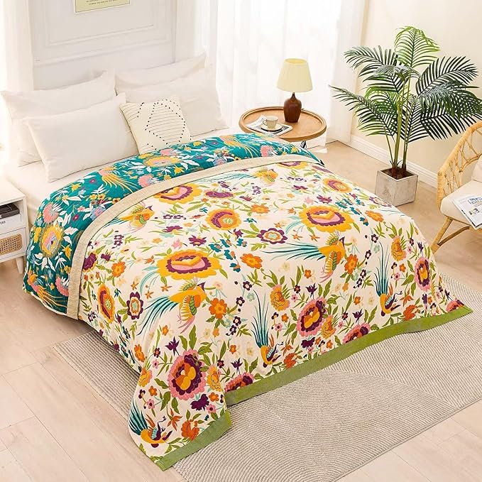 XIBLC Boho Throw Blanket for Bed, 100% Cotton Soft Rustic Quilt Fall Blanket, 80" 90" Floral Printed Farmhouse Decor Bed Blankets, All Season Rustic Reversible Bohemian Throw Quilt