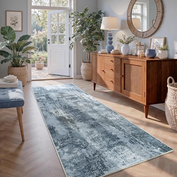2x6 Ft Washable Runner Rug, Non-Slip Low Pile Hallway Kitchen Area Rug, Soft Long Entryway Floor Mat Abstract Pattern Carpet for Bedside & High-Traffic Areas (Blue Grey)