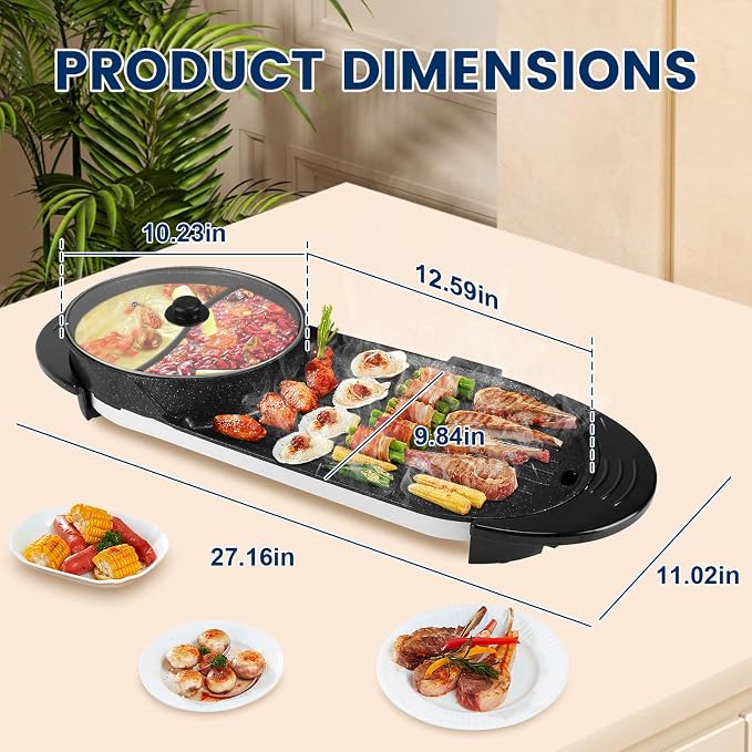 Electric Hot Pot with Grill, 2200W Shabu Shabu Korean BBQ Grill Cooker, 2-IN-1 Indoor Smokeless Non-Stick Hotpot, Separate Temperature Control, 5 Gears Firepower, for 2-10 People