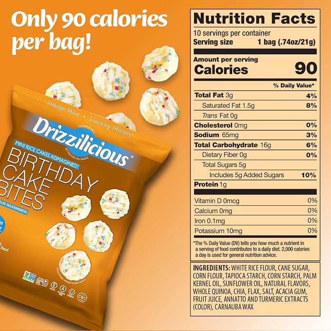 Drizzilicious Mini Flavored Rice Cakes Birthday Cake - Rice Crisps, Healthy Snack for Adults and Kids, Vegan, Gluten Free Snack, Allergen Free, Only 90 Calories Per Bag - 0.74 oz (Pack of 20)