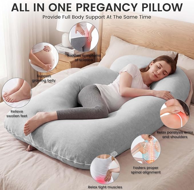 Jcickt Pregnancy Pillow for Sleeping,59 inch Maternity Pillow with Removable Washable Cover,J-Shaped Cooling Full Body Pregnant Pillow -Support for Backs,Legs, Belly, HIPS, Improve Sleep -Gray