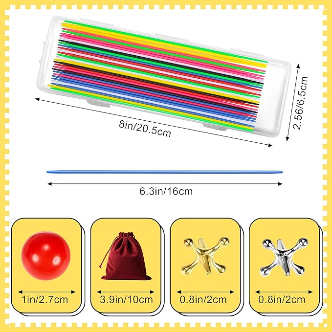 Classic Pick Up Sticks and Jacks Game with Ball Set, Includes Red Rubber Balls, Gold and Silver Metal Jax, Colorful Pick Up Sticks, Storage Box and Bag, Fun Retro Game for Kids Adults Family