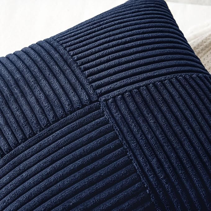 MIULEE Navy Blue Decorative Throw Pillow Covers for Couch 18x18 Inch | 2 Pack, Boho Farmhouse Pillow Covers, Soft Cross Corduroy Patchwork Textured Cushion Cases For Bed Sofa