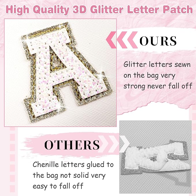 Small Initial Patch Makeup Bag Personalized Gifts Make Up Bag,White Cute PU Leather Glitter Letter Cosmetic Bag with Zipper,Trendy Portable Travel Toiletry Pouch,Preppy Stuff for Teen Girls Women S