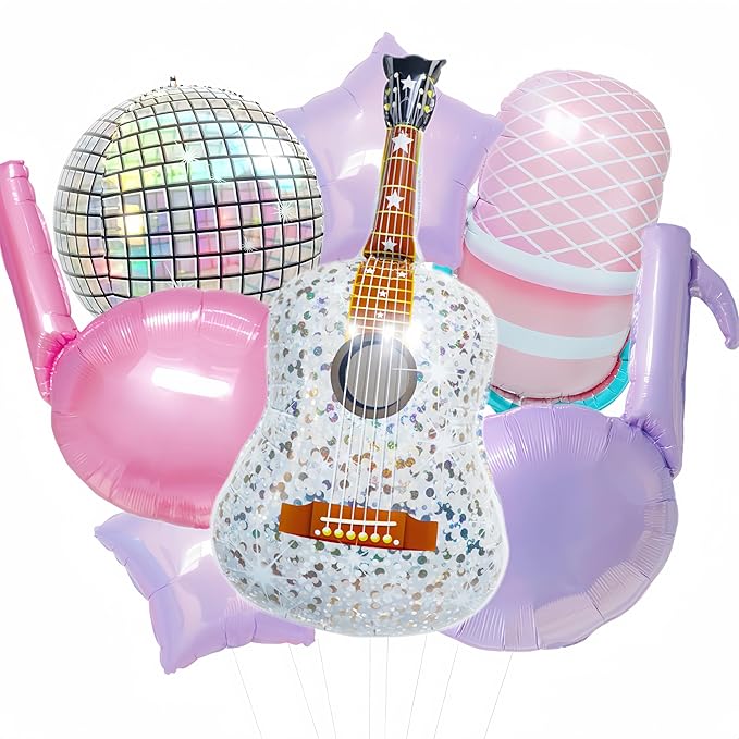 7Pcs Pink Purple Music Note Balloons for Singer Fans Party Decoration/Tayl Singer Birthday Decor/Korean Idol Demon Hunters Concert Balloon/Iridescent Disco Ball Foil Balloons/Popular Singer Supplies