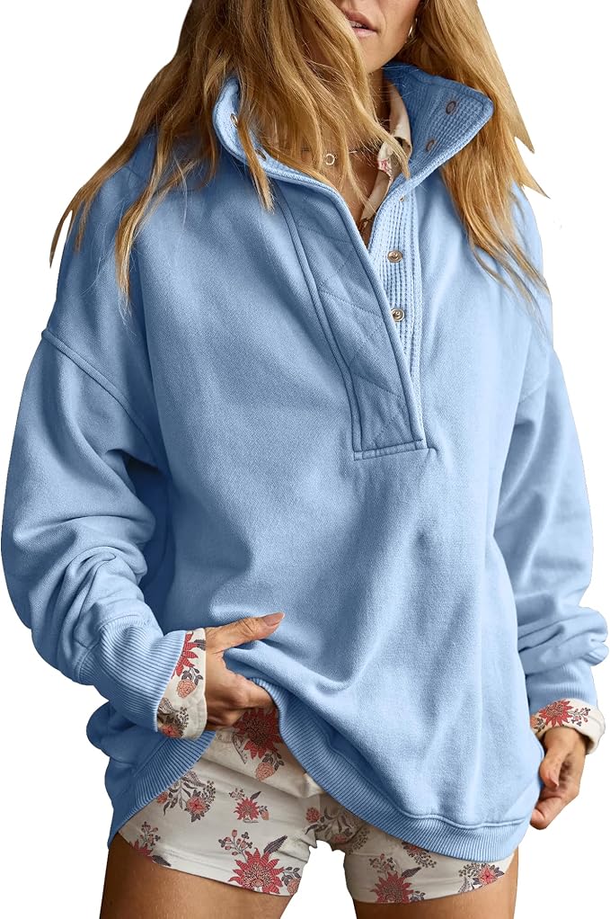 Gacaky Sweatshirt for Women Oversized Casual Long Sleeve Button Henley Neck Pullover Tops Fashion Outfits Clothes