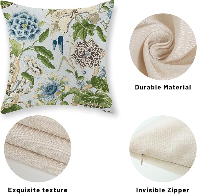 Baby Blue Green Pillow Covers 16x16 Inch Set of 2 Vintage Blue Floral Throw Pillows Chinoiserie Flower Decorative Pillow Case Outdoor Linen Farmhouse Cushion Cover for Couch Sofa Decorations