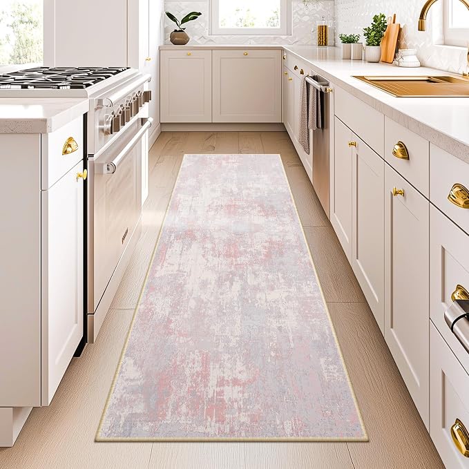 RELEANY Washable Runner 2'x6' Abstract Area Rug for Hallway Gray Pink | carpet for kitchen, entryway, bathroom, living room, bedroom, printed pattern, non-slip, soft, stain-resistant, easy to clean