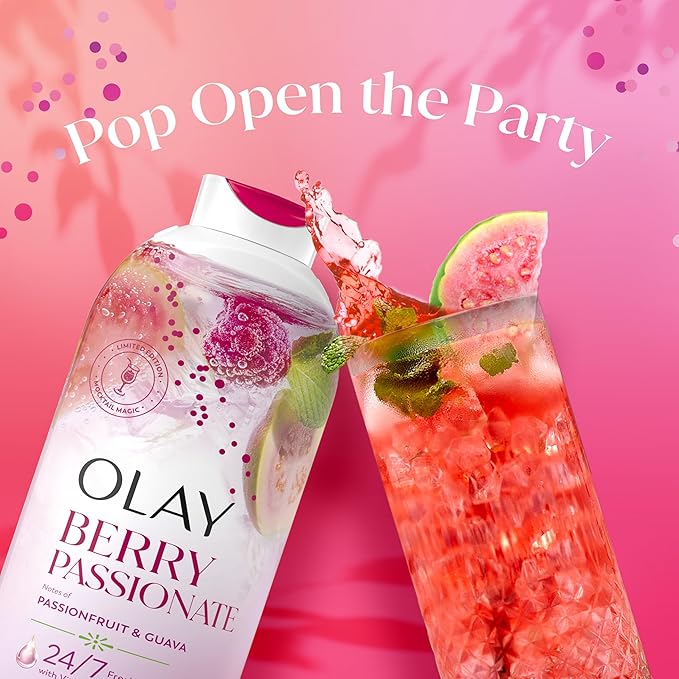 Olay Body Wash for Women, 24/7 Skin-Loving Freshness, Miami Mocktails, Plant Based Cleansers, Vitamin B3 & Antioxidant Blend, All Skin Types, Berry Passionate with Passionfruit & Guava Scent, 22 fl oz