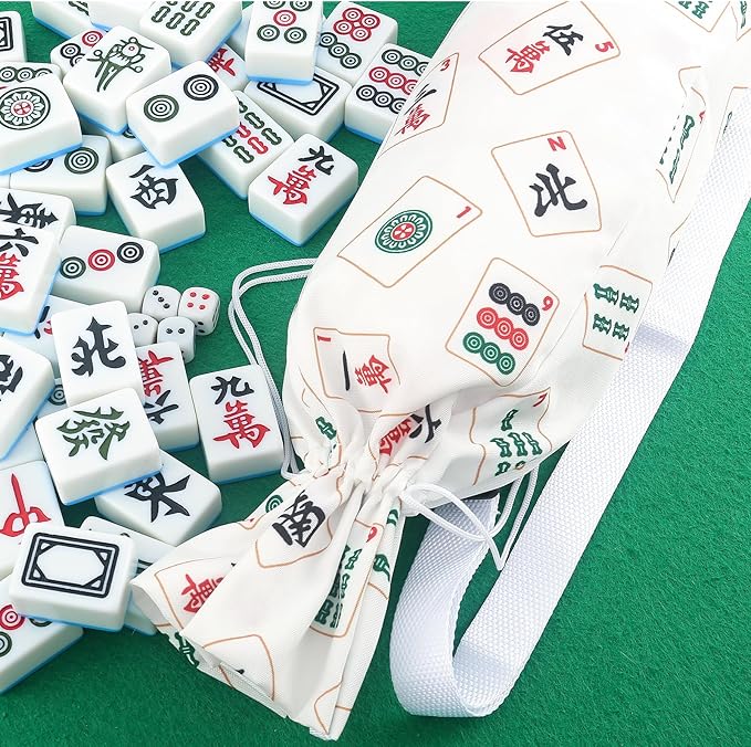 Mahjong Tile Bag Canvas Drawstring Storage for Racks and Pushers, Dice Pocket, Printed Mahjong Bag, Durable Mahjong Accessories Case, Game Organizer Pouch (1 Pack)