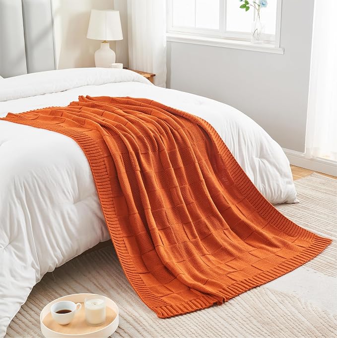 CozeCube Rust Orange Knitted Checkered Throw Blanket 50"X60" | Check Knit Throw for Couch, Decorative Christmas Soft Cozy Warm Blanket for Bed Sofa Living Room