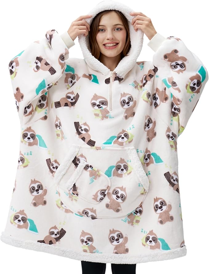 Giggling Getup Wearable Blanket Hoodie for Adults Gifts for Teen Girls Sister Women Sherpa Fleece Printed Hooded Blanket Sweatshirt Warm Cozy with Pocket & Sleeves Cream Sloth