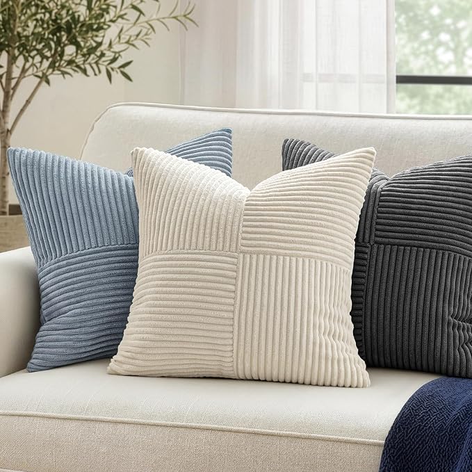 MIULEE Dusty Blue Decorative Throw Pillow Covers for Couch 18x18 Inch | 2 Pack, Boho Farmhouse Pillow Covers, Soft Cross Corduroy Patchwork Textured Cushion Cases For Bed Sofa