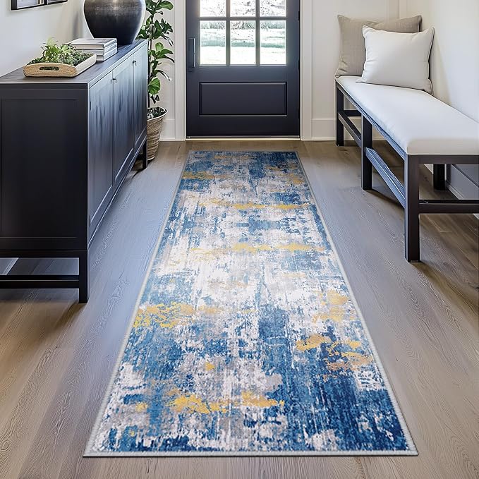 RELEANY Washable Runner 2'x10' Abstract Area Rug for Hallway Blue Gold | carpet for kitchen, entryway, bathroom, living room, bedroom, printed pattern, non-slip, soft, stain-resistant, easy to clean