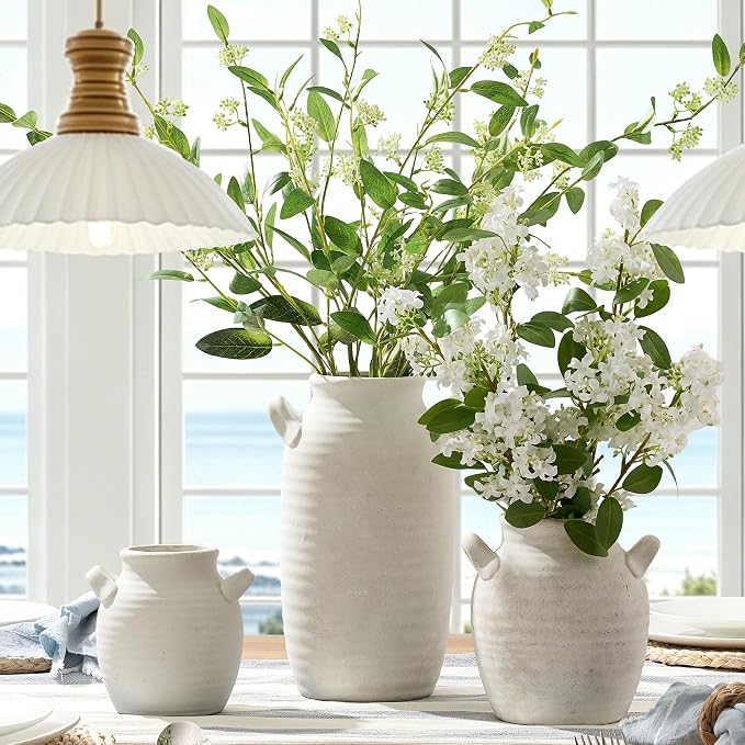 Vanselia Ceramic Flower Vase Home Decor - Farmhouse Table Vases with Handle Living Room Decoration Vintage Decorative Aesthetic for Shelf Coffee Dining Desk House Bookshelf Fireplace (6" Rustic)