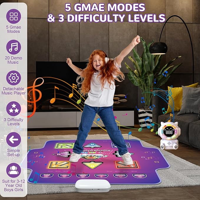 Mostop Dance Mat for Kids - Rechargeable Electronic Dance Pad with 8 Light-Up Keys & Cordless Bluetooth, Dancing Game Mat with 5 Game Modes, Girls Toys Music Games for Kids Ages 3-12