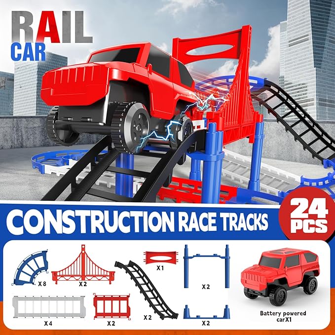 DIY Construction Race Track Set, 24 Pieces with Battery Powered Car,Bridge Building Track ，Assembly Track Builder Playset Gifts Toys for Boys Kids Age 6 7 8