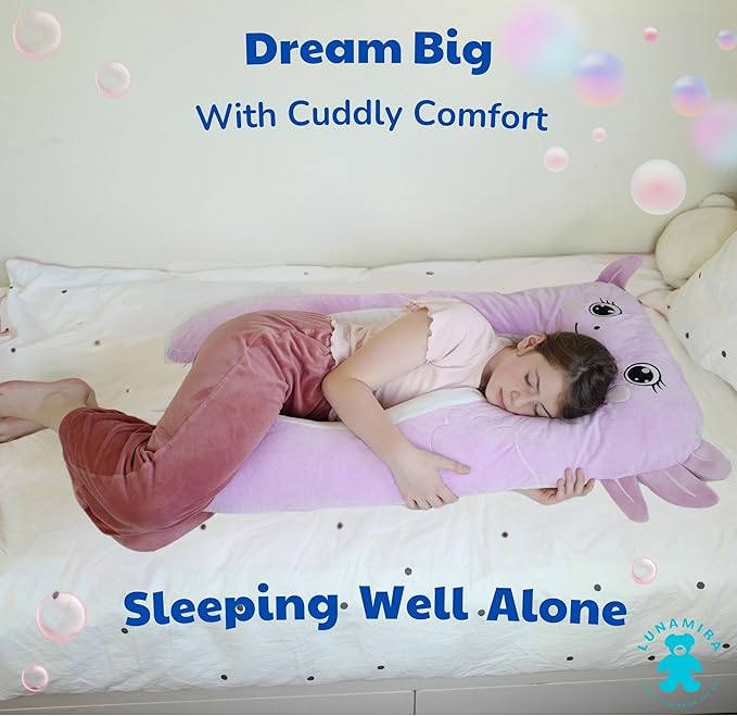 LUNAMIRA Axolotl Kids Body Pillow - 47" U-Shape Long Plush Soft Animal Pillow for Kids, Sleeping, Reading, ADHD & Special Needs Comfort, Anxiety, Washable Cover, Snuggle Fun Cuddle for Boys & Girls